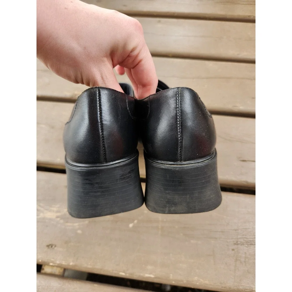 Vintage 90s y2k‎  Black Leather Chunky Block Heel Monk Strap Loafers Size 8M